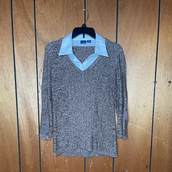 Basic Editions Layered Collared Brown White Long Sleeve V-Neck Sweater Shirt Med - Picture 3 of 5